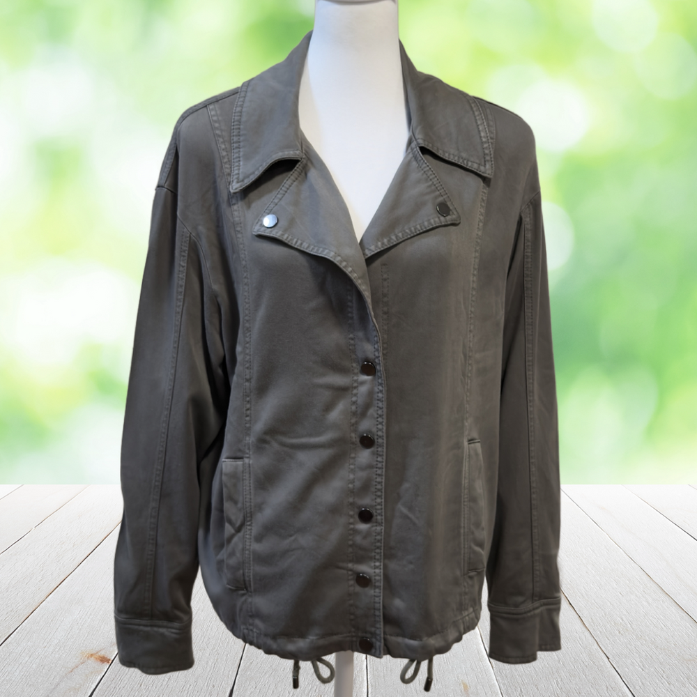 NICOLE MILLER Utility Field Jacket Stretch Twill Drawstring Hem Olive Green Sz M